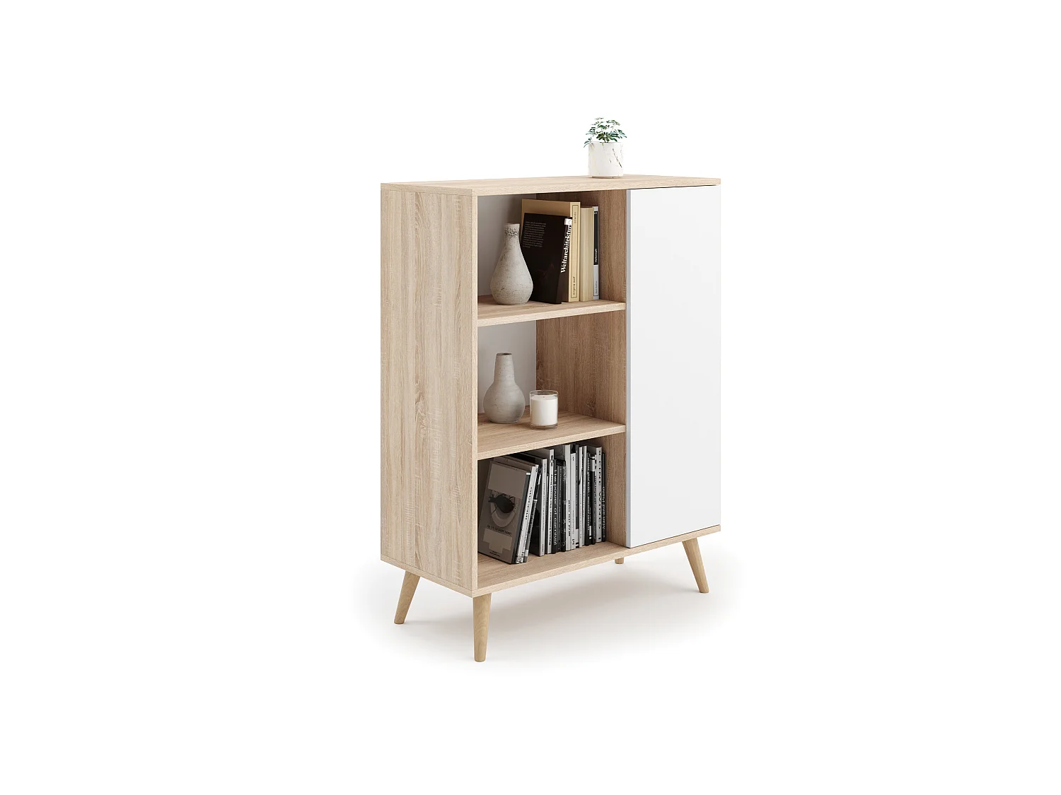 Bibliothèque Fondi sur pieds en bois, style scandinave - chêne sonoma/blanc