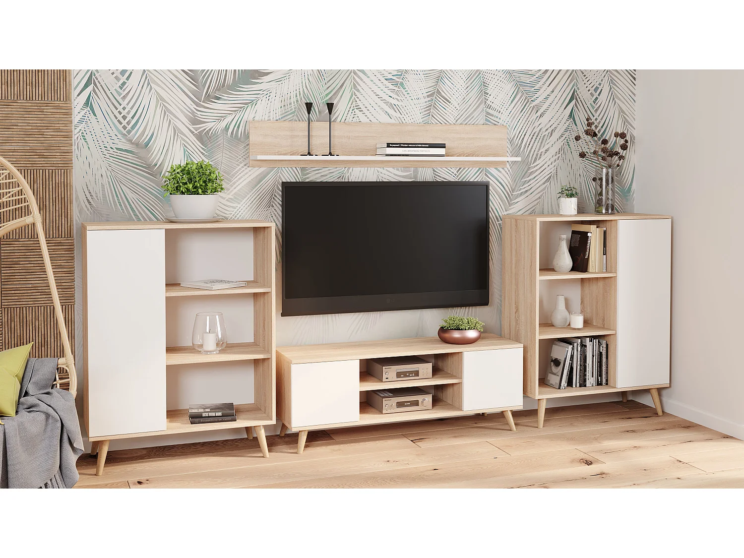 Bibliothèque Fondi sur pieds en bois, style scandinave - chêne sonoma/blanc