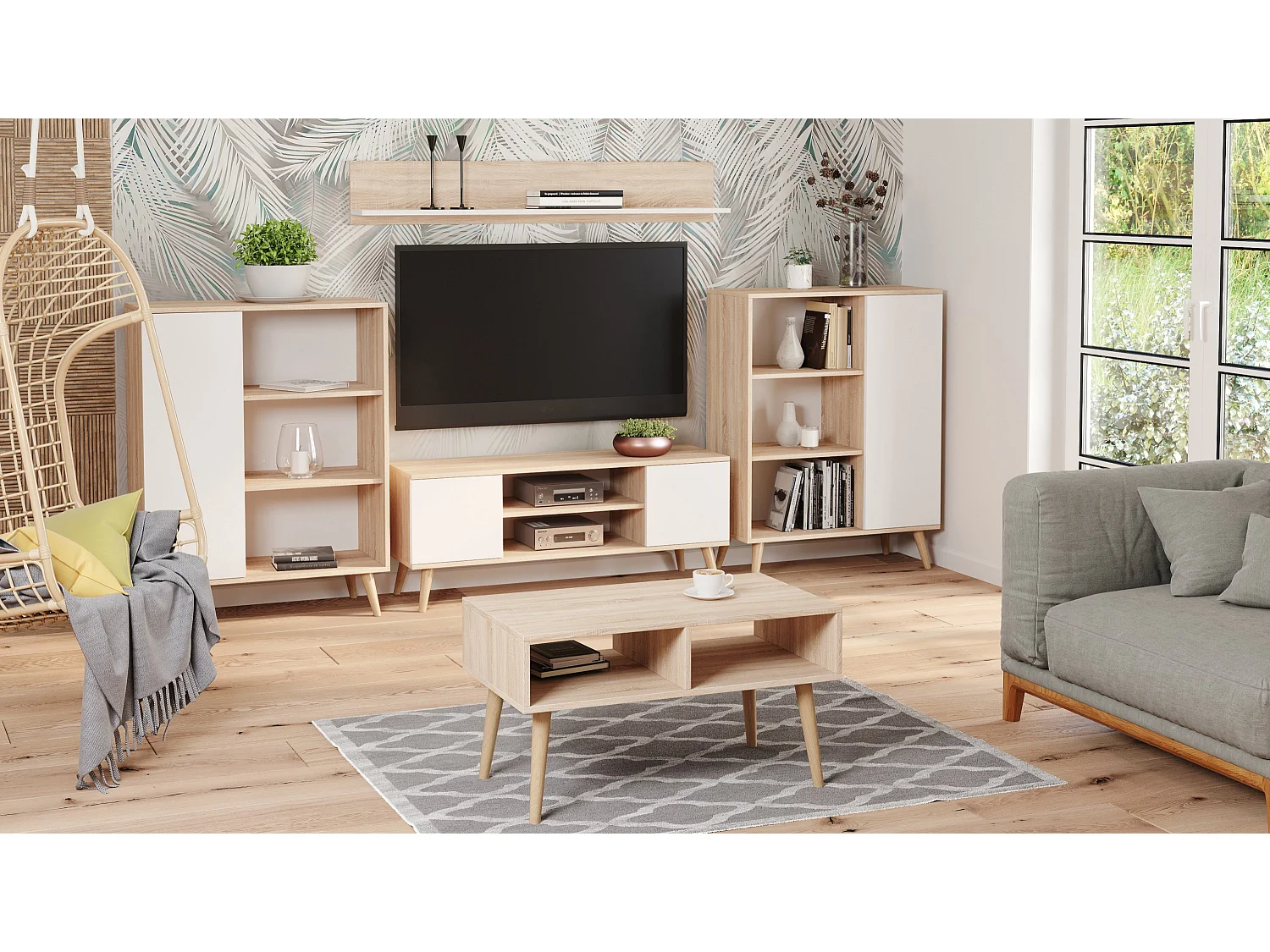 Bibliothèque Fondi sur pieds en bois, style scandinave - chêne sonoma/blanc