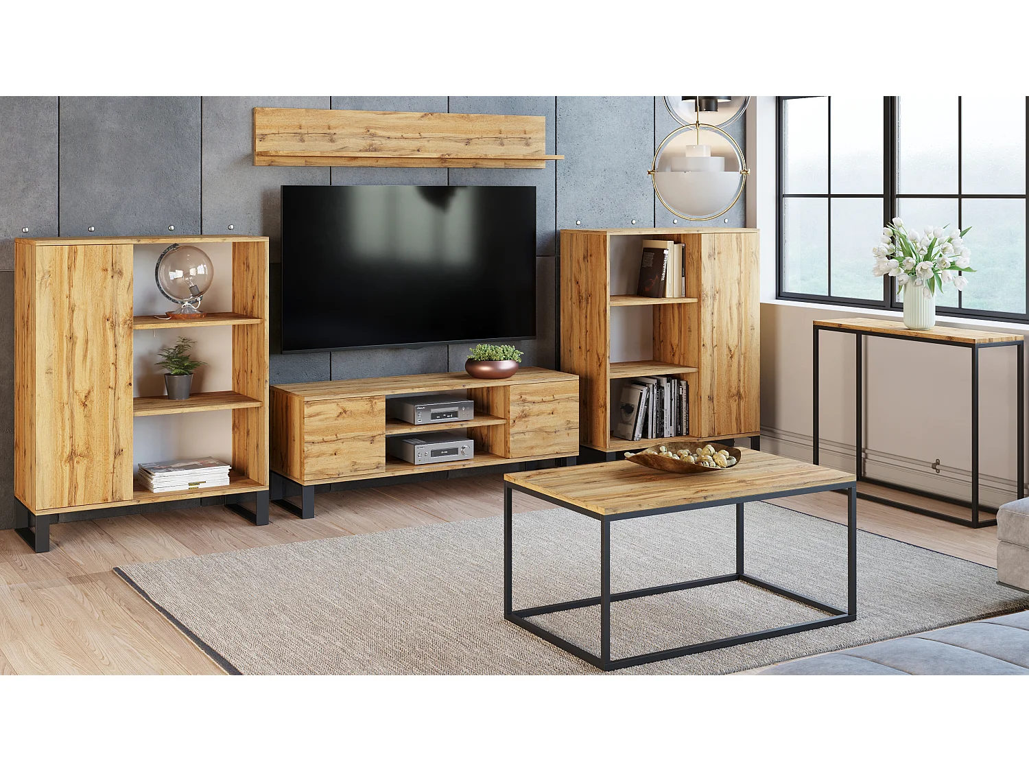 Bibliothèque Fondi sur pieds en métal, style loft - chêne artisanal doré
