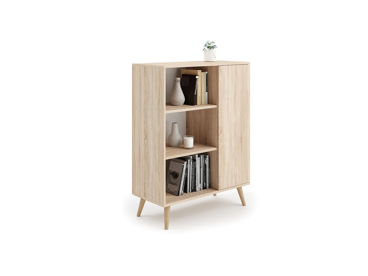 Bibliothèque Fondi sur pieds en bois, style scandinave - chêne sonoma