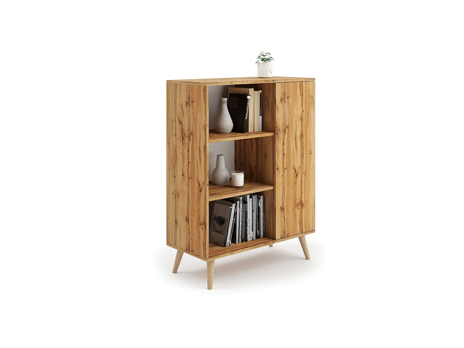 Bibliothèque Fondi sur pieds en bois, style scandinave - chêne artisanal doré