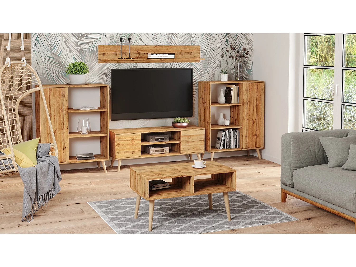 Bibliothèque Fondi sur pieds en bois, style scandinave - chêne artisanal doré