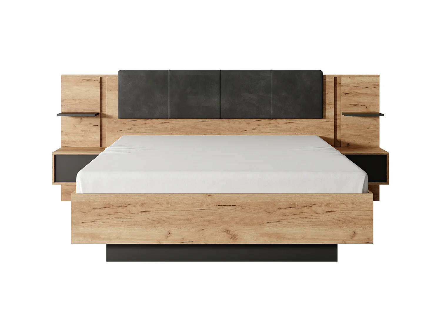 Lit avec chevets 160 x 200 cm - Avec LEDs - Coloris : Naturel et anthracite + Sommier + Matelas - ELYNIA