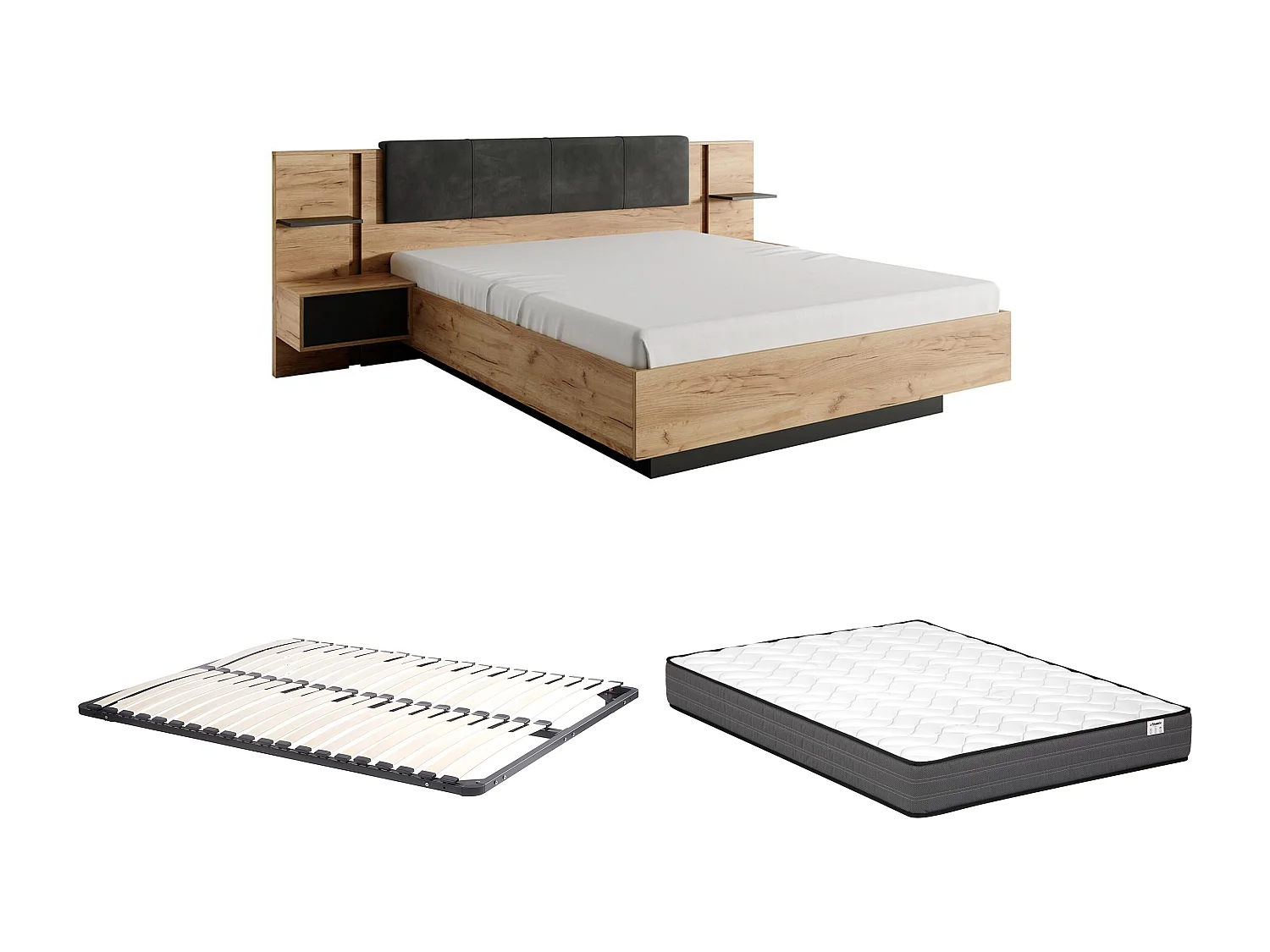 Lit avec chevets 160 x 200 cm - Avec LEDs - Coloris : Naturel et anthracite + Sommier + Matelas - ELYNIA