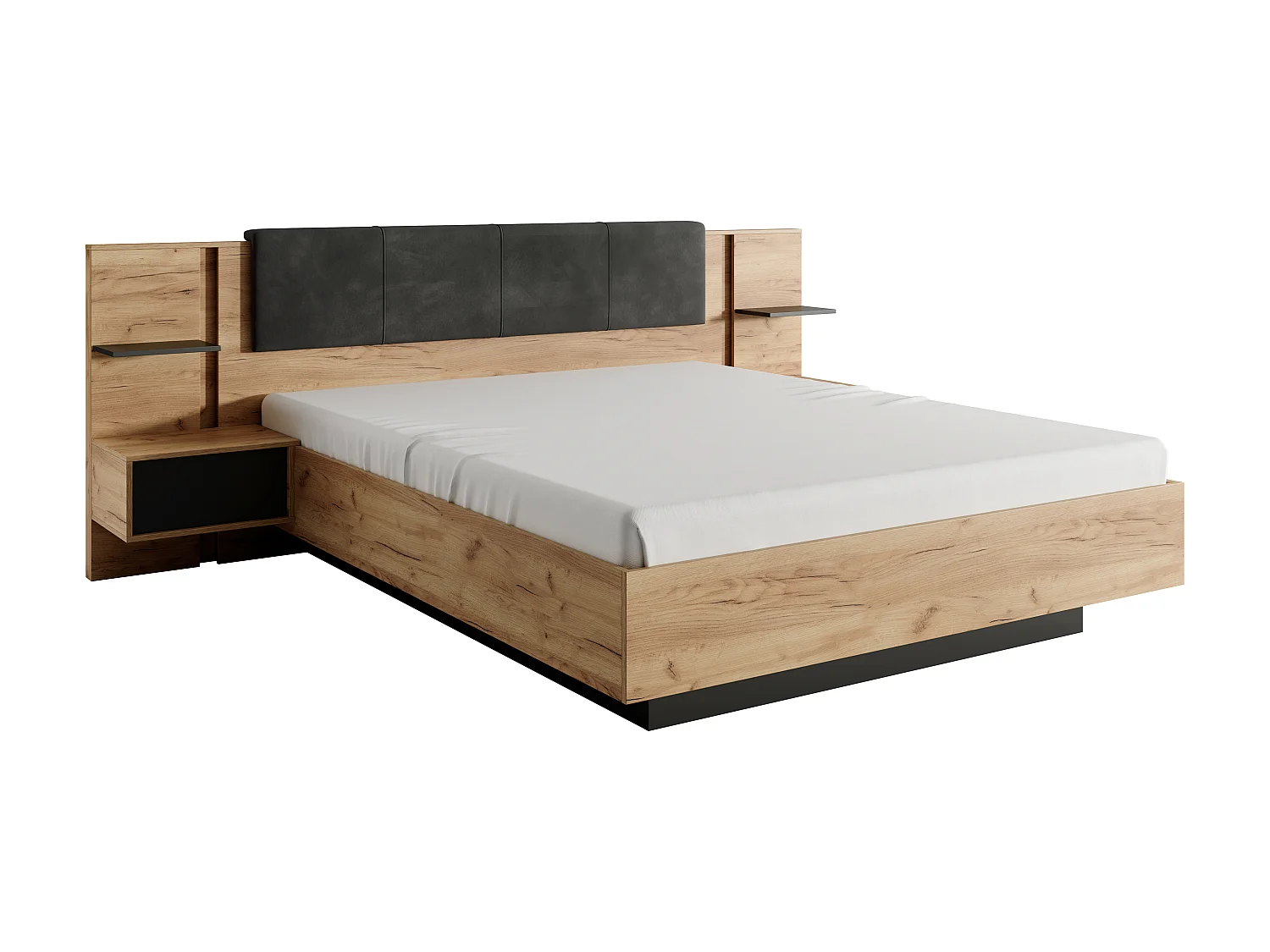 Bed met nachtkastjes 160 x 200 cm - Met ledverlichting - Kleur: naturel en antraciet + bedbodem + matras - ELYNIA