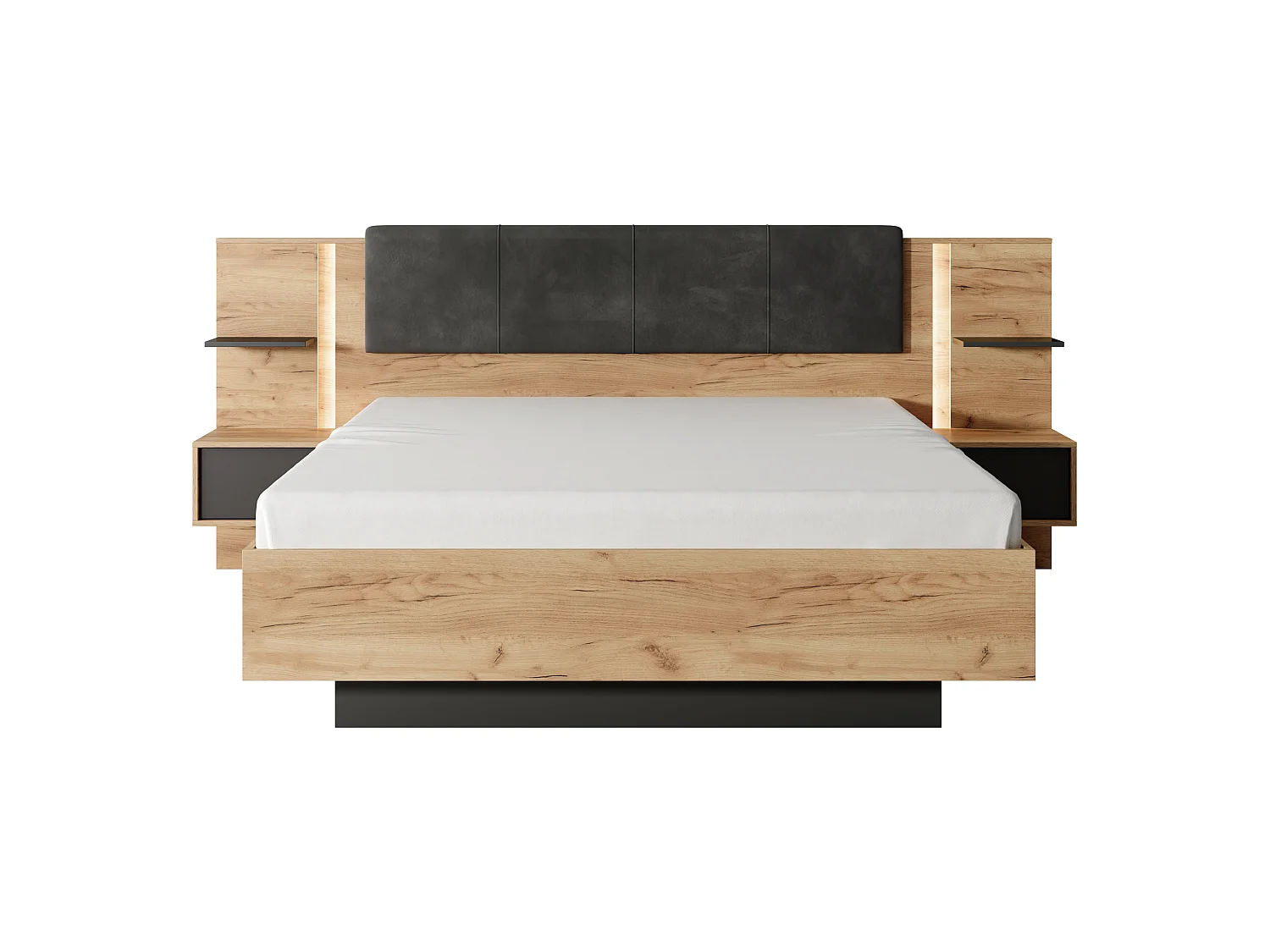 Bed met nachtkastjes 160 x 200 cm - Met ledverlichting - Kleur: naturel en antraciet + bedbodem + matras - ELYNIA