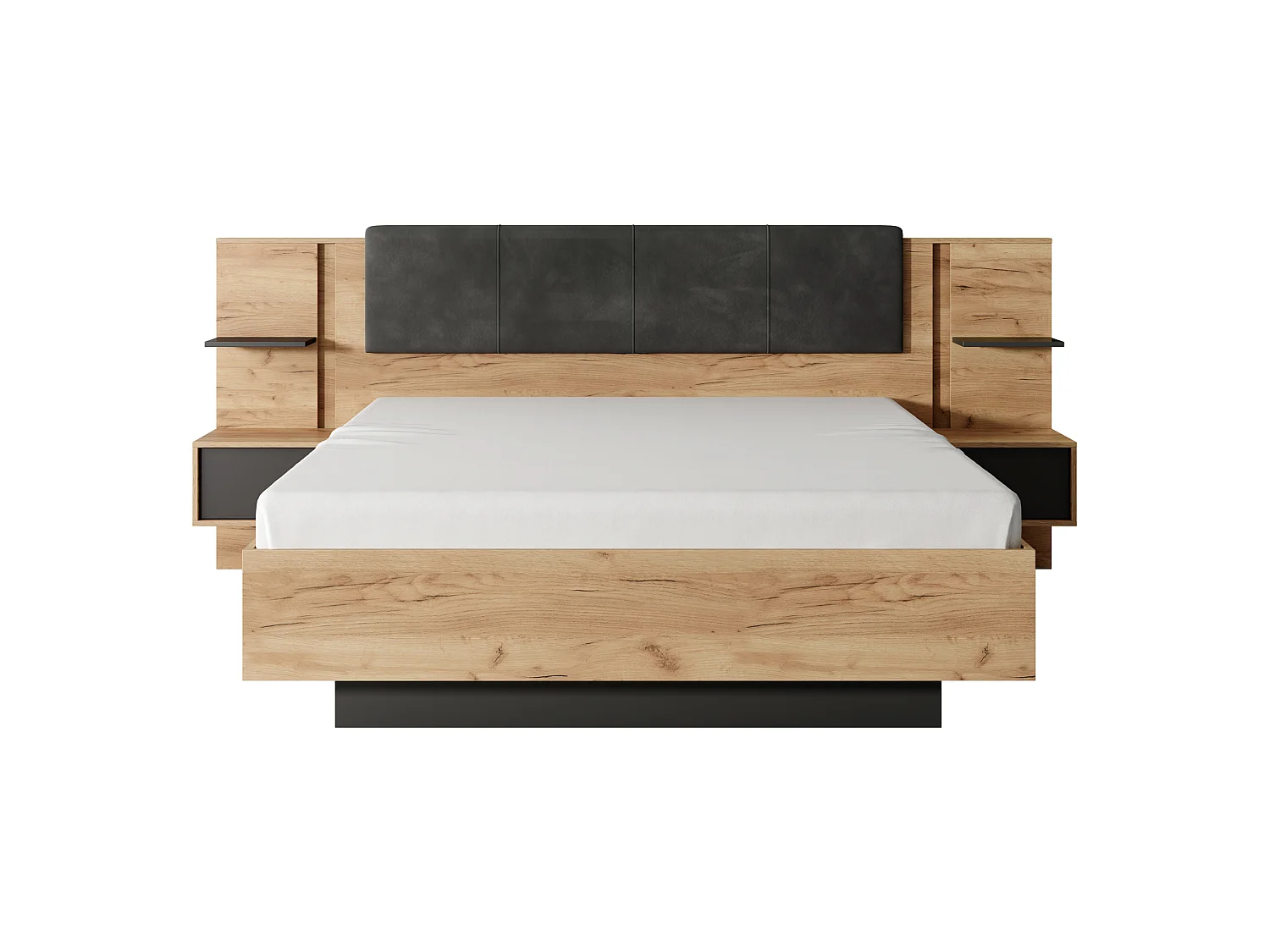 Bed met nachtkastjes 160 x 200 cm - Met ledverlichting - Kleur: naturel en antraciet + bedbodem + matras - ELYNIA