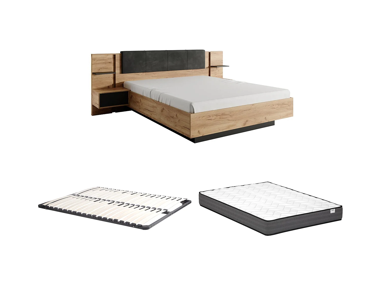 Bed met nachtkastjes 160 x 200 cm - Met ledverlichting - Kleur: naturel en antraciet + bedbodem + matras - ELYNIA