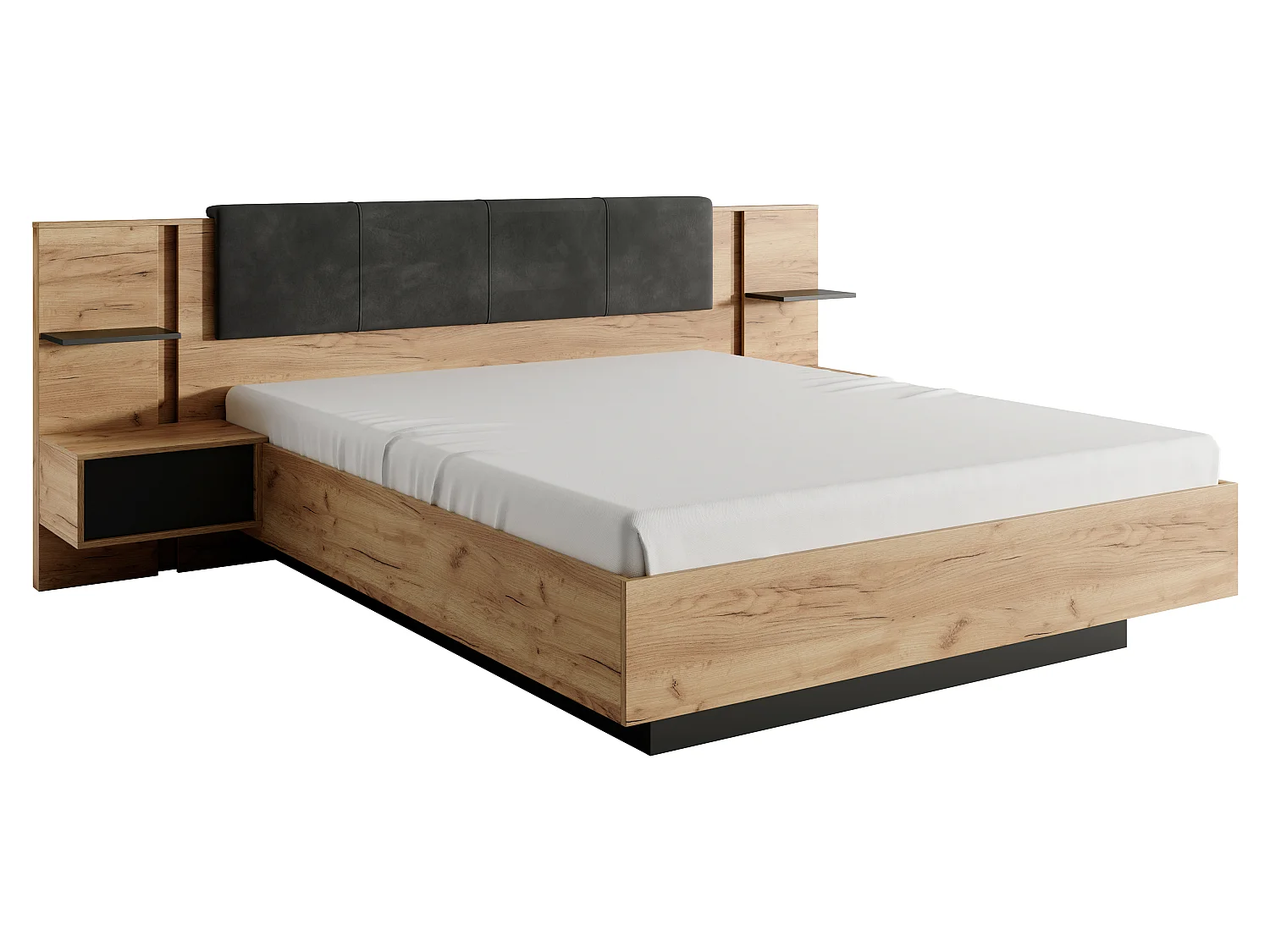 Bett mit Nachttischen + Lattenrost + Matratze - 160 x 200 cm - Mit LED-Beleuchtung - Holzfarben & Anthrazit - ELYNIA