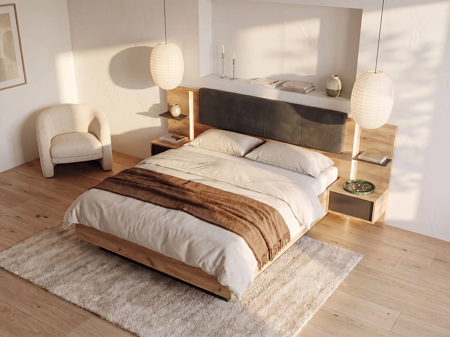 Letto con LED + Rete + Materasso + Comodini 160 x 200 cm Naturale e Antracite - ELYNIA