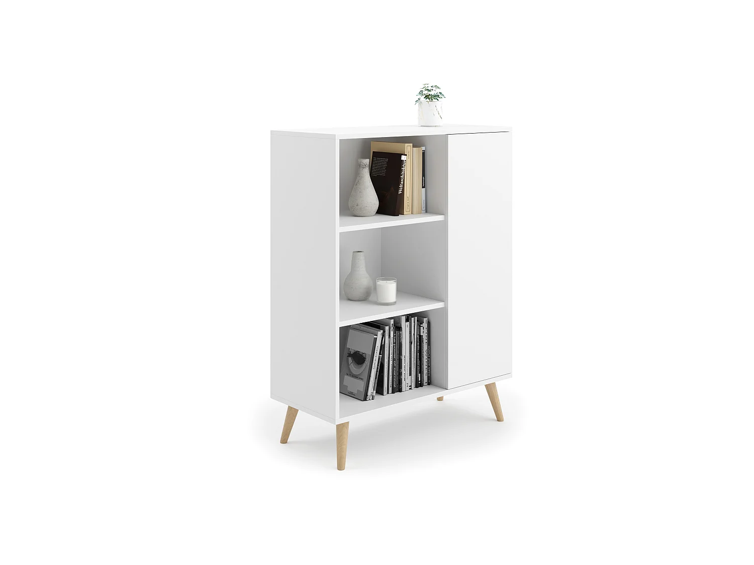 Bibliothèque Fondi sur pieds en bois, style scandinave - blanc