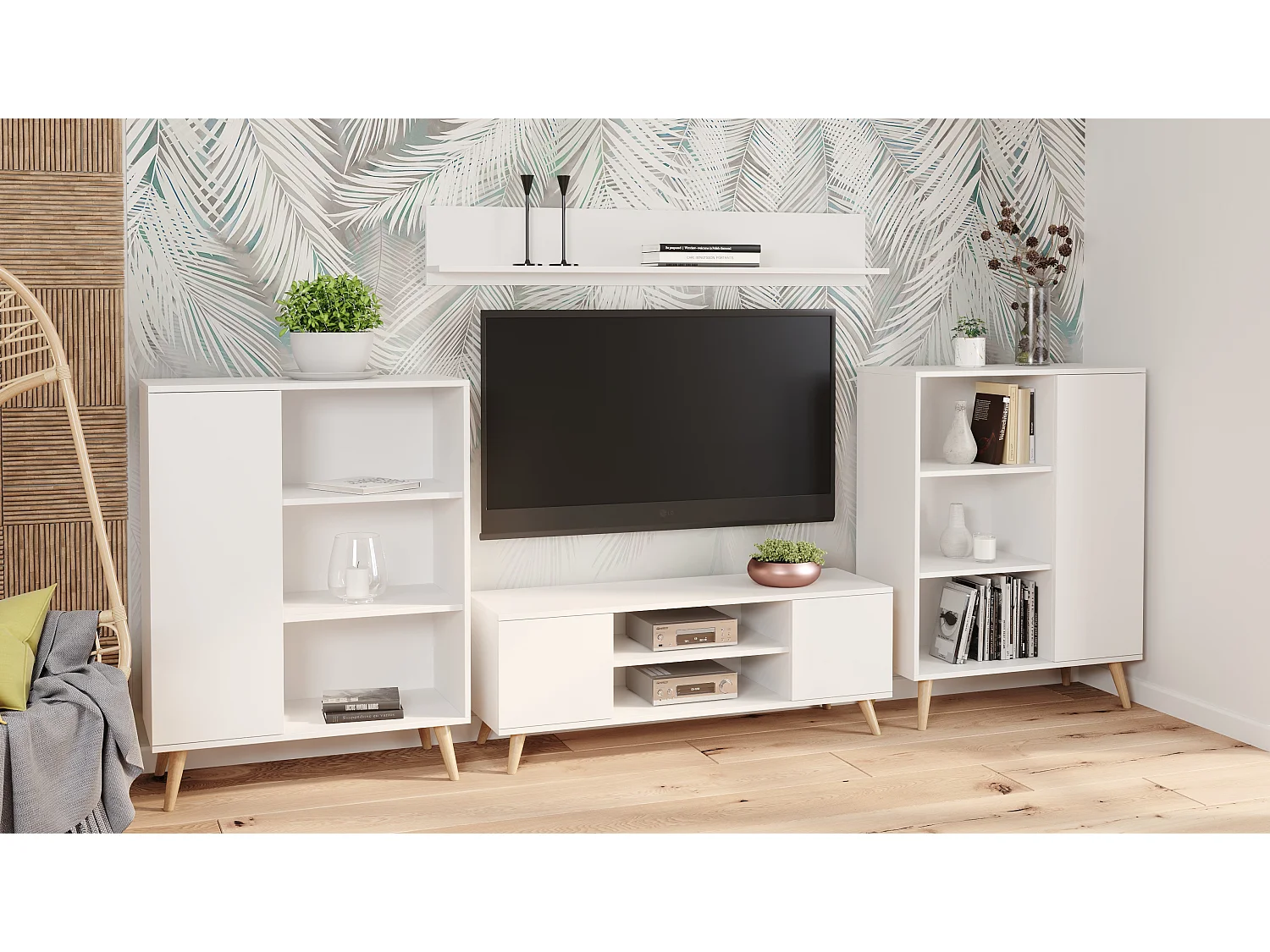 Bibliothèque Fondi sur pieds en bois, style scandinave - blanc