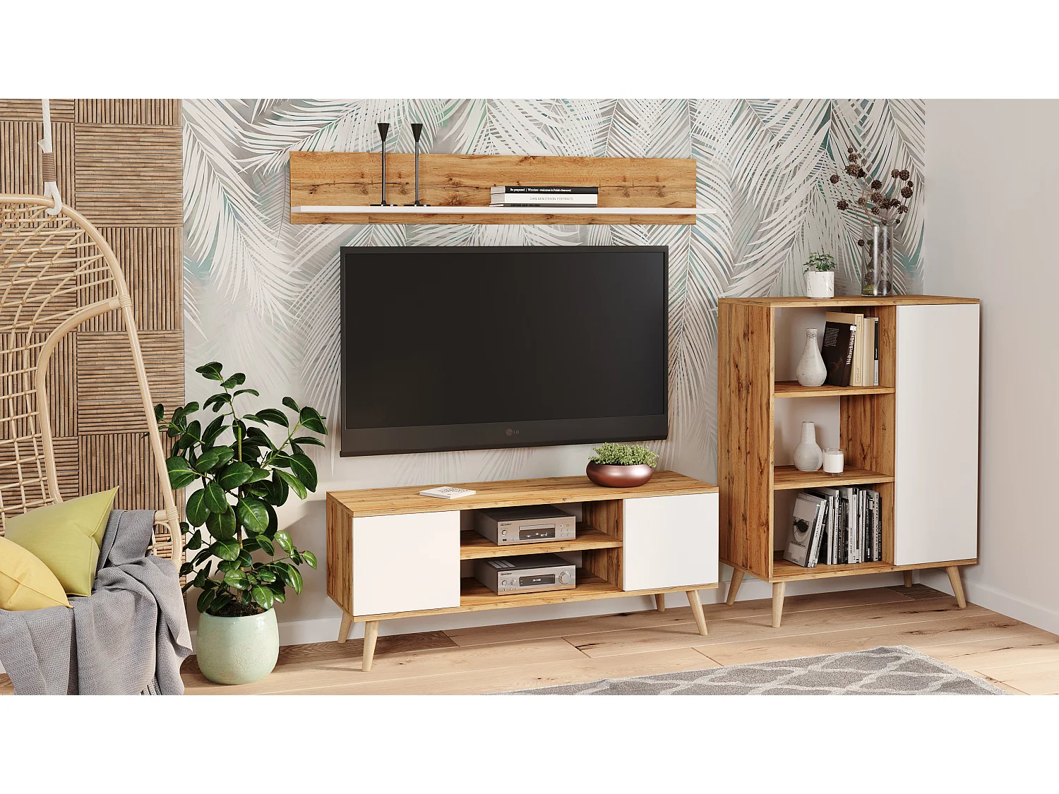 Bibliothèque Fondi sur pieds en bois, style scandinave - chêne artisanal doré/blanc