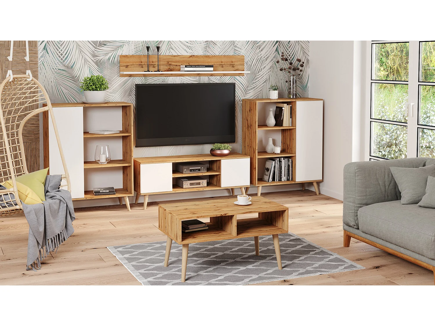 Bibliothèque Fondi sur pieds en bois, style scandinave - chêne artisanal doré/blanc