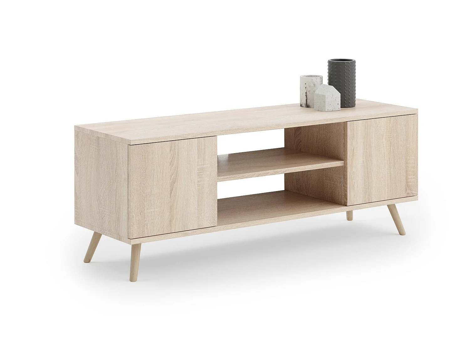 Meuble TV Focus, sur pieds en bois, style scandinave - chêne sonoma