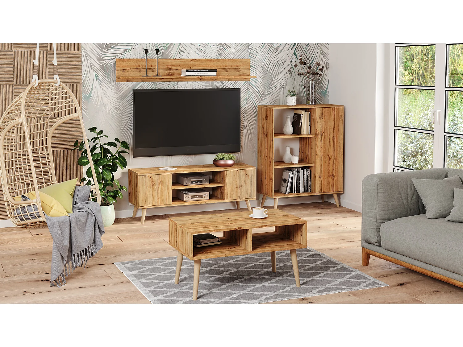 Meuble TV Focus chêne doré, pieds bois, style scandinave