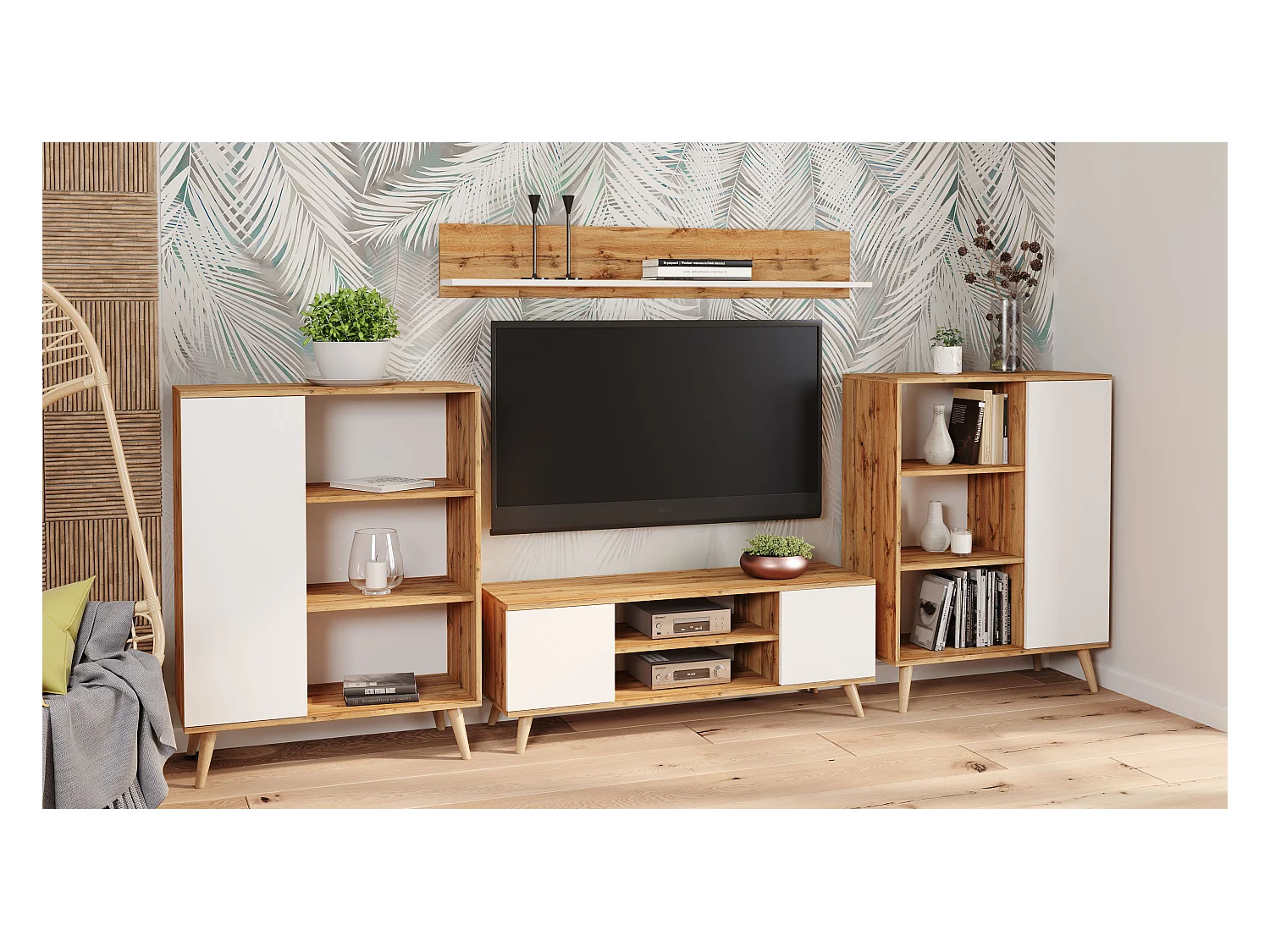 Meuble TV Focus chêne doré - blanc, pieds bois, style scandinave