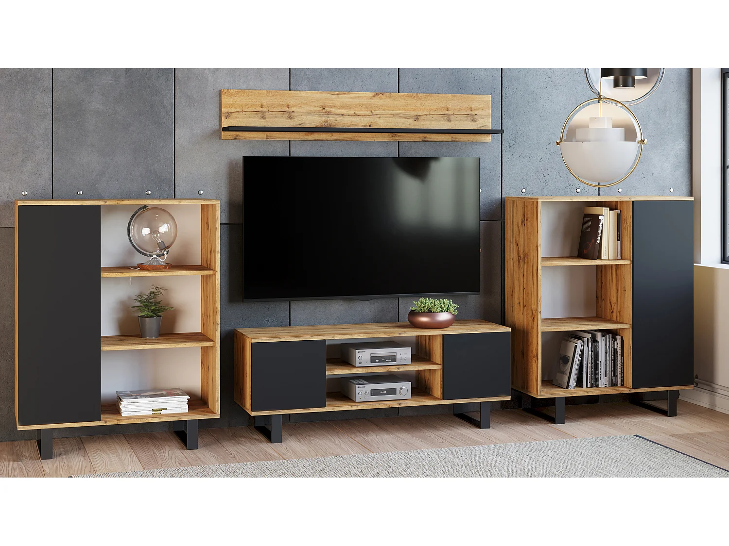 Meuble TV Focus chêne doré - noir, pieds métal loft