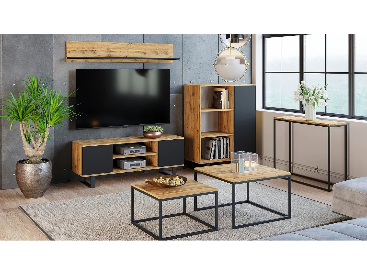 Meuble TV Focus chêne doré - noir, pieds métal loft