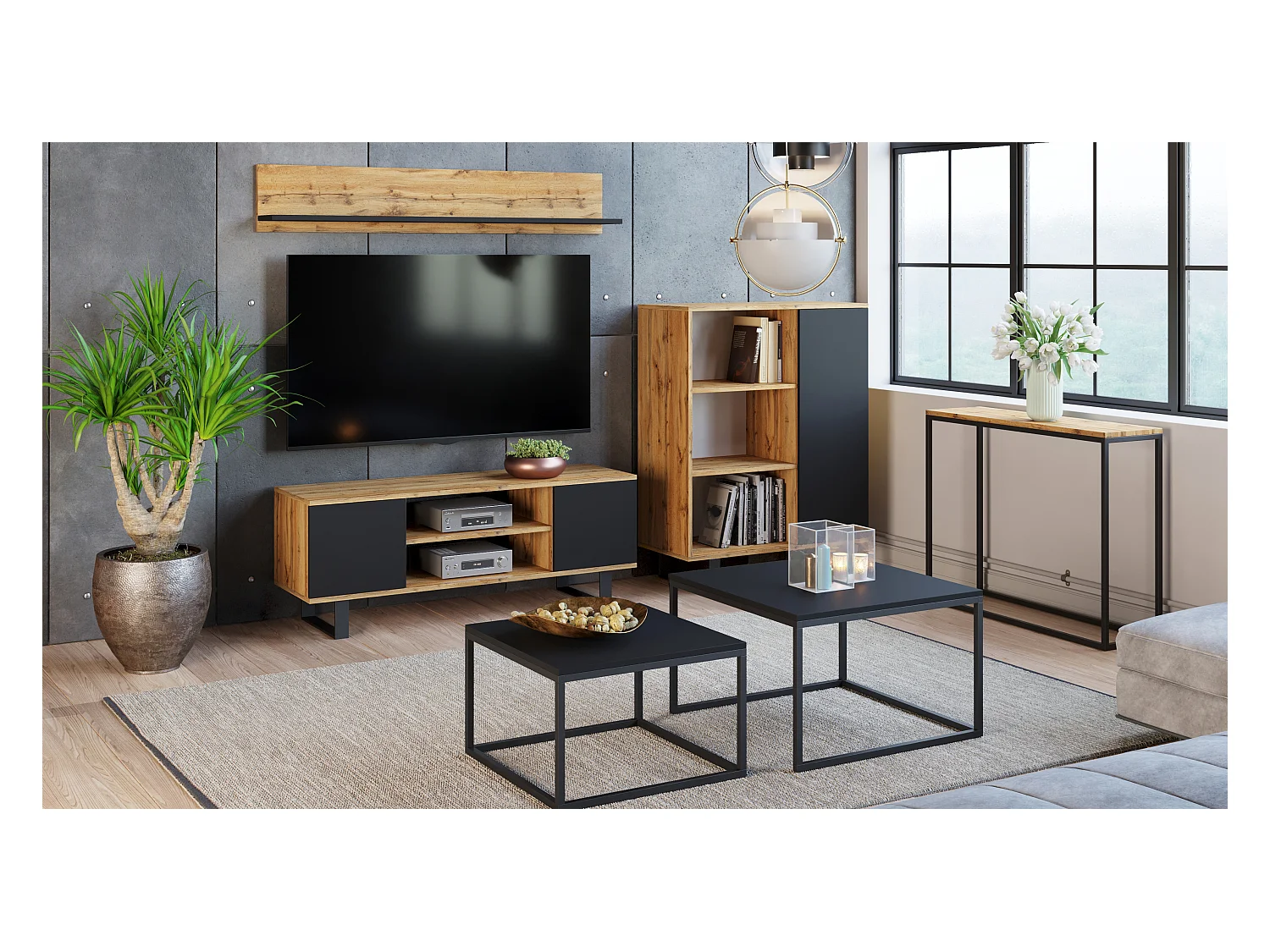 Mueble TV Focus roble dorado - negro, patas de metal estilo loft
