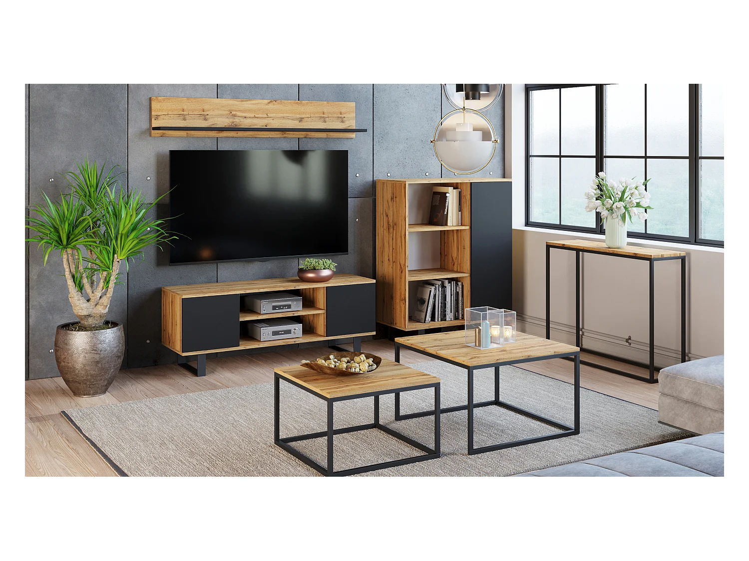 Mueble TV Focus roble dorado - negro, patas de metal estilo loft