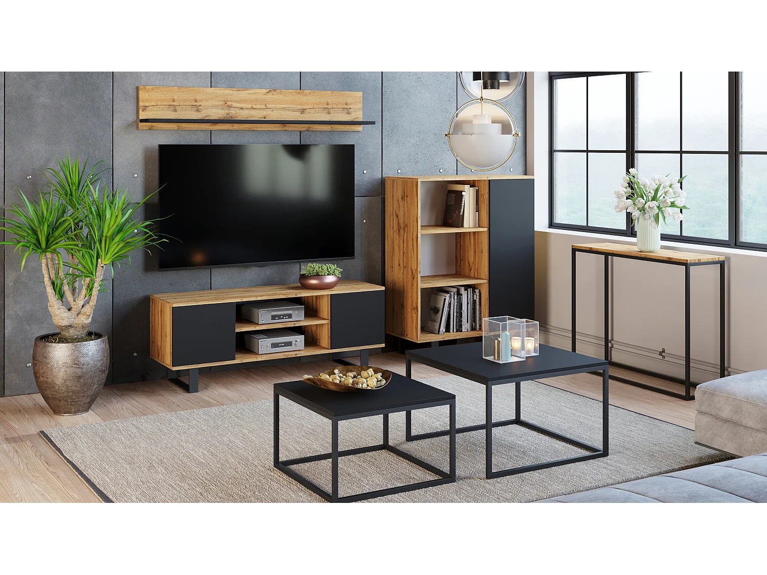 Mueble TV Focus roble dorado - negro, patas de metal estilo loft