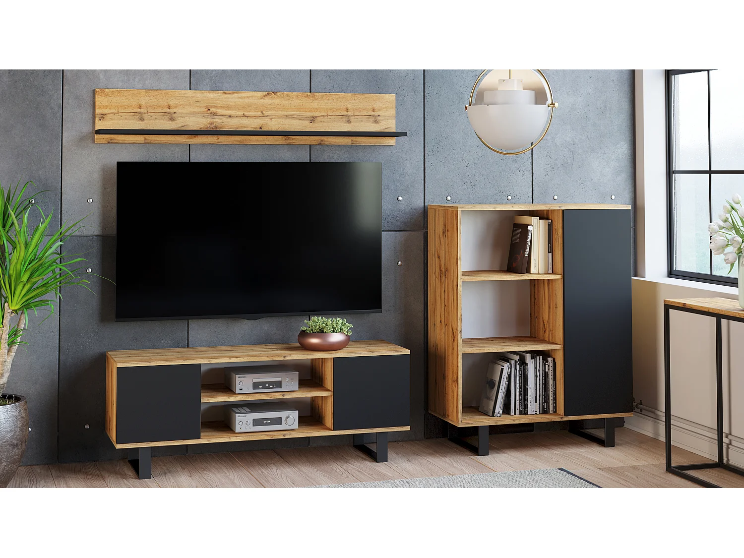 Meuble TV Focus, sur pieds métal, style loft - chêne artisanal doré/noir