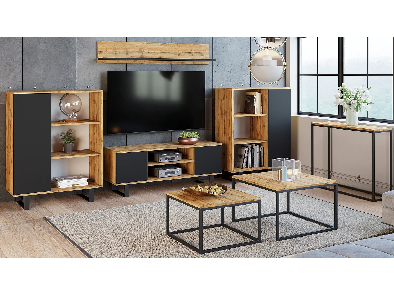 Meuble TV Focus, sur pieds métal, style loft - chêne artisanal doré/noir