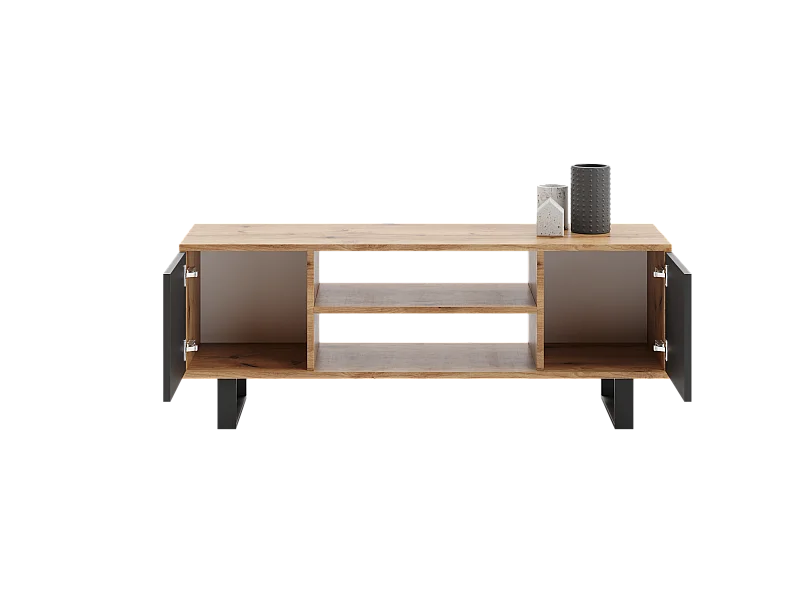 Meuble TV Focus, sur pieds métal, style loft - chêne artisanal doré/noir