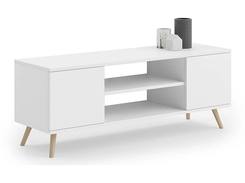 Meuble TV Focus, sur pieds en bois, style scandinave, blanc