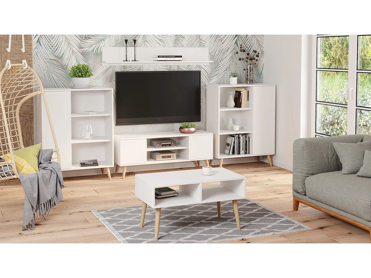 Meuble TV Focus, sur pieds en bois, style scandinave, blanc