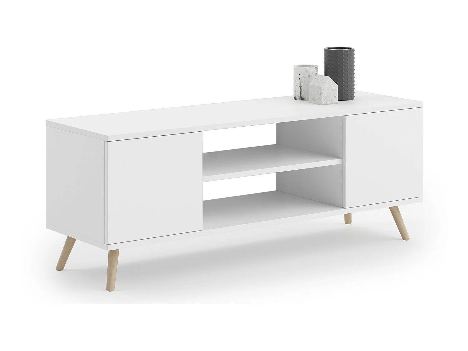 Meuble TV Focus, sur pieds en bois, style scandinave, blanc