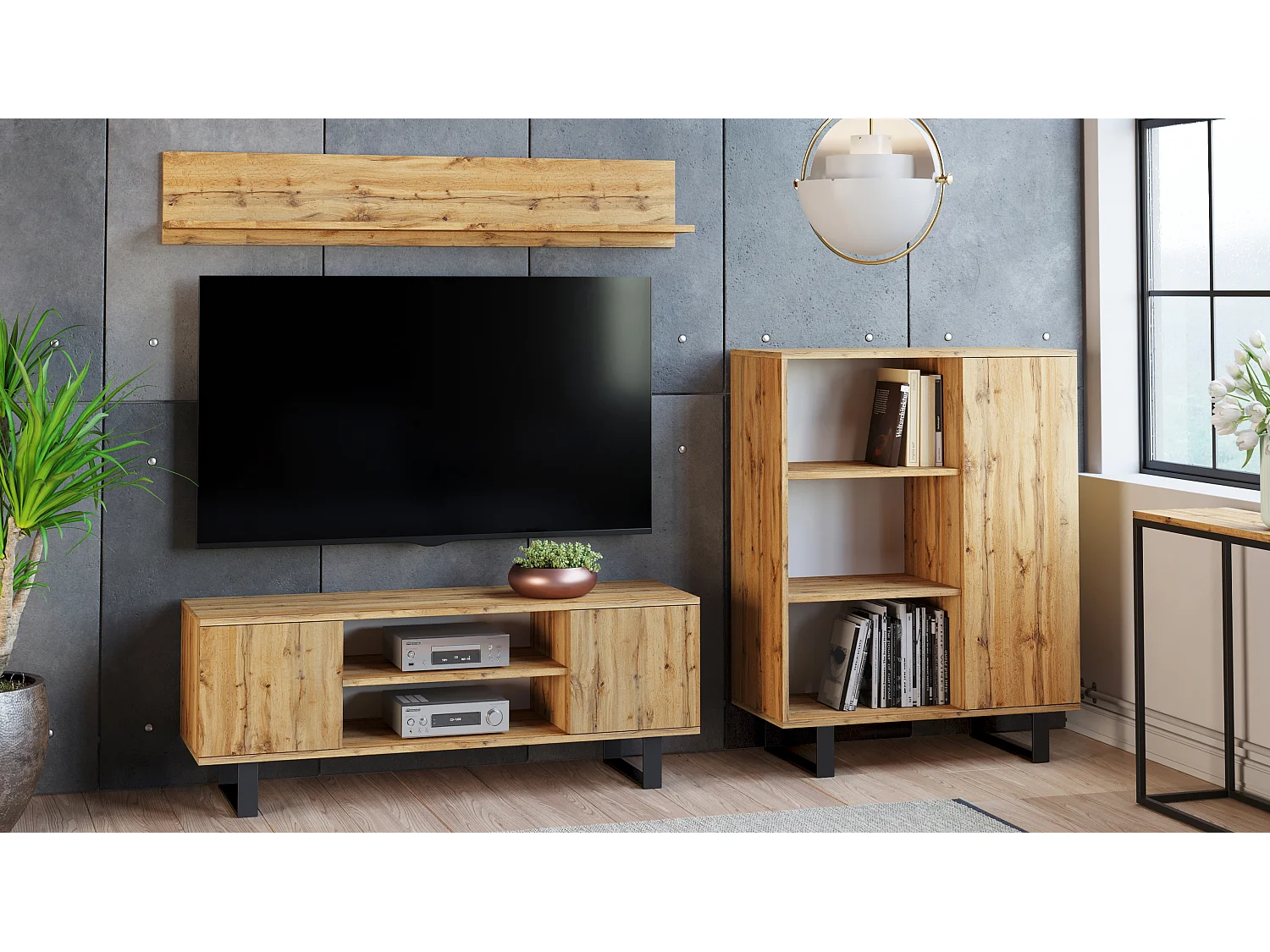 Meuble TV Focus, sur pieds en métal, style loft - chêne artisanal doré