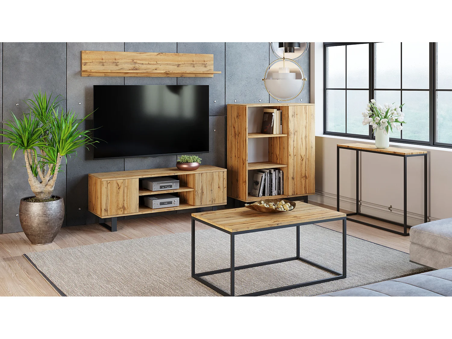 Meuble TV Focus chêne doré, pieds métal loft