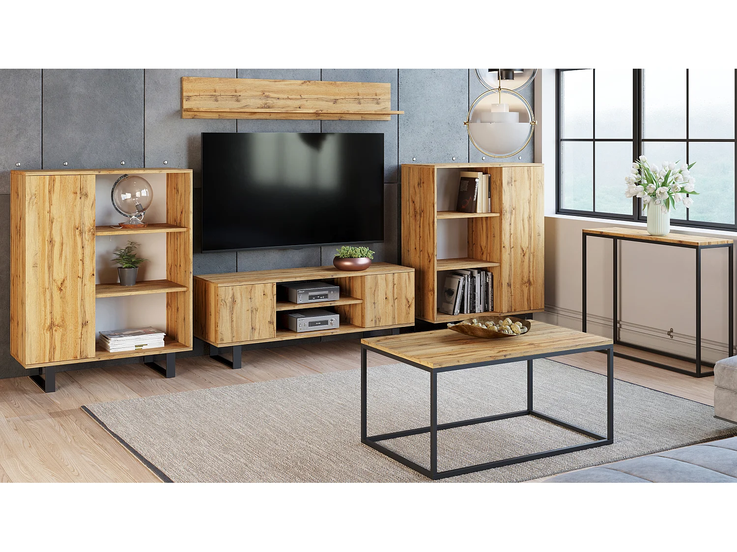 Meuble TV Focus chêne doré, pieds métal loft