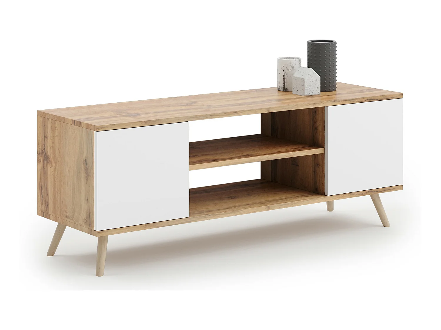 Meuble TV Focus, sur pieds en bois, style scandinave, chêne artisanal doré/blanc