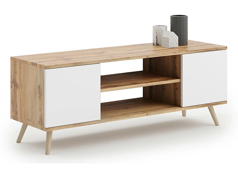 Meuble TV Focus, sur pieds en bois, style scandinave, chêne artisanal doré/blanc