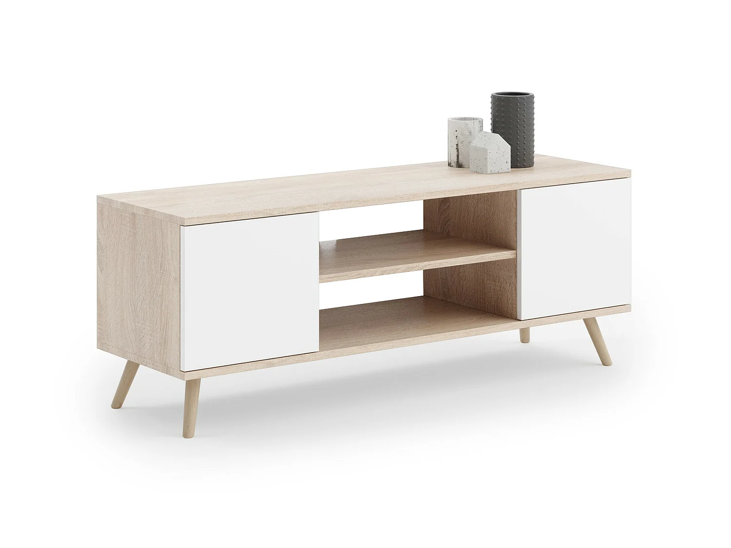 Meuble TV Focus, sur pieds en bois, style scandinave - chêne artisanal doré - blanc