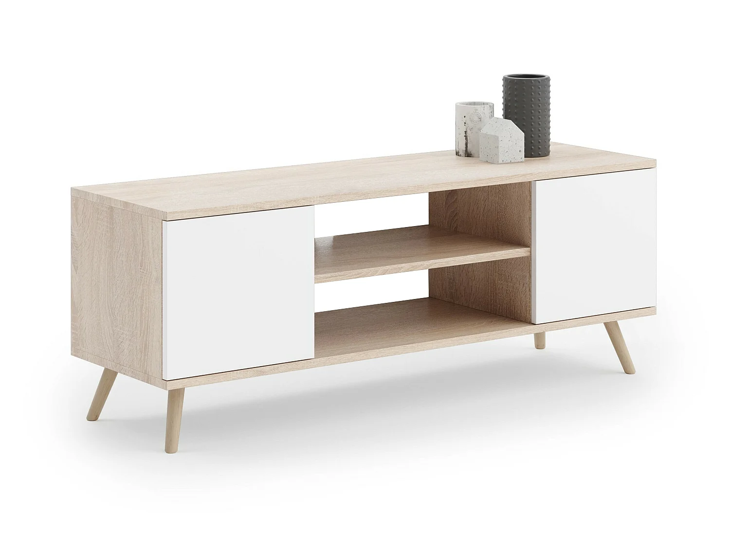 Meuble TV Focus, sur pieds en bois, style scandinave - chêne artisanal doré - blanc