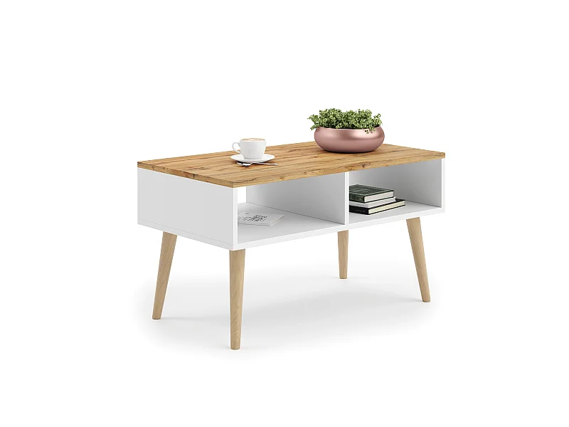 Table basse Sandi, style scandinave - Chêne artisanal blanc/doré