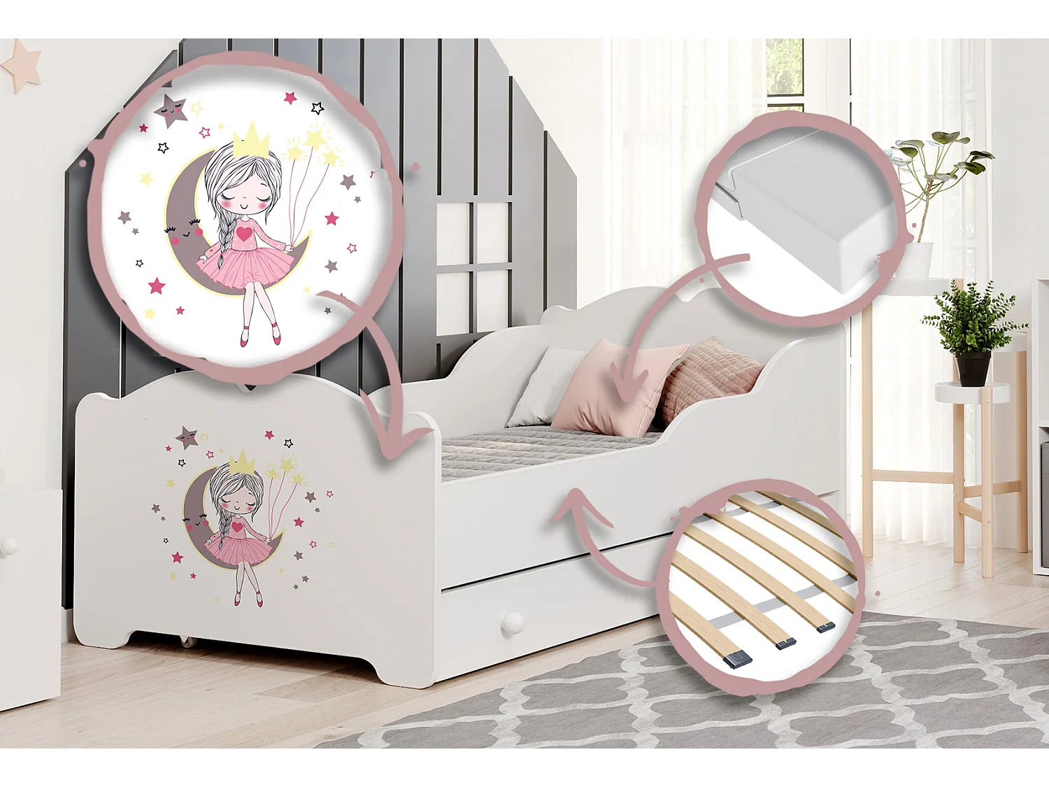 Anna - lit simple 160x80 avec graphismes pour enfants, dans un ensemble avec un tiroir, un matelas et un cadre
