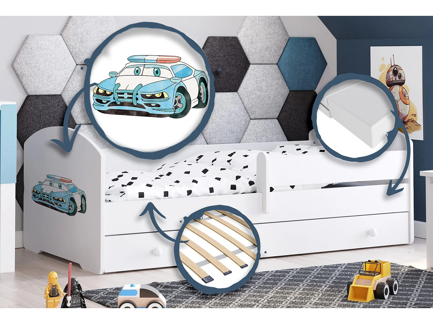 Luk - lit simple 140x70 avec des graphismes pour enfants, dans un ensemble avec un tiroir, une balustrade, un matelas et un cadre