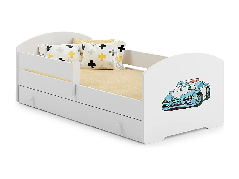 Luk - lit simple 140x70 avec des graphismes pour enfants, dans un ensemble avec un tiroir, une balustrade, un matelas et un cadre