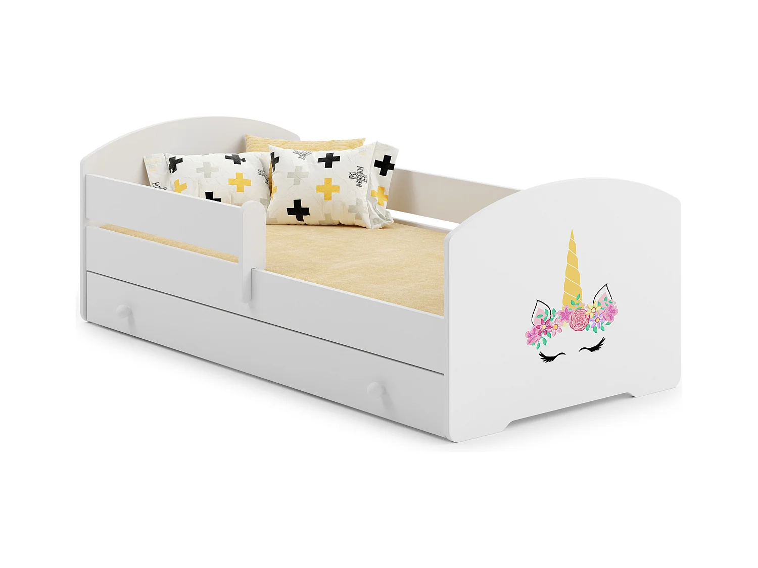 Luk - lit simple 140x70 avec des graphismes pour enfants, dans un ensemble avec un tiroir, une balustrade, un matelas et un cadre