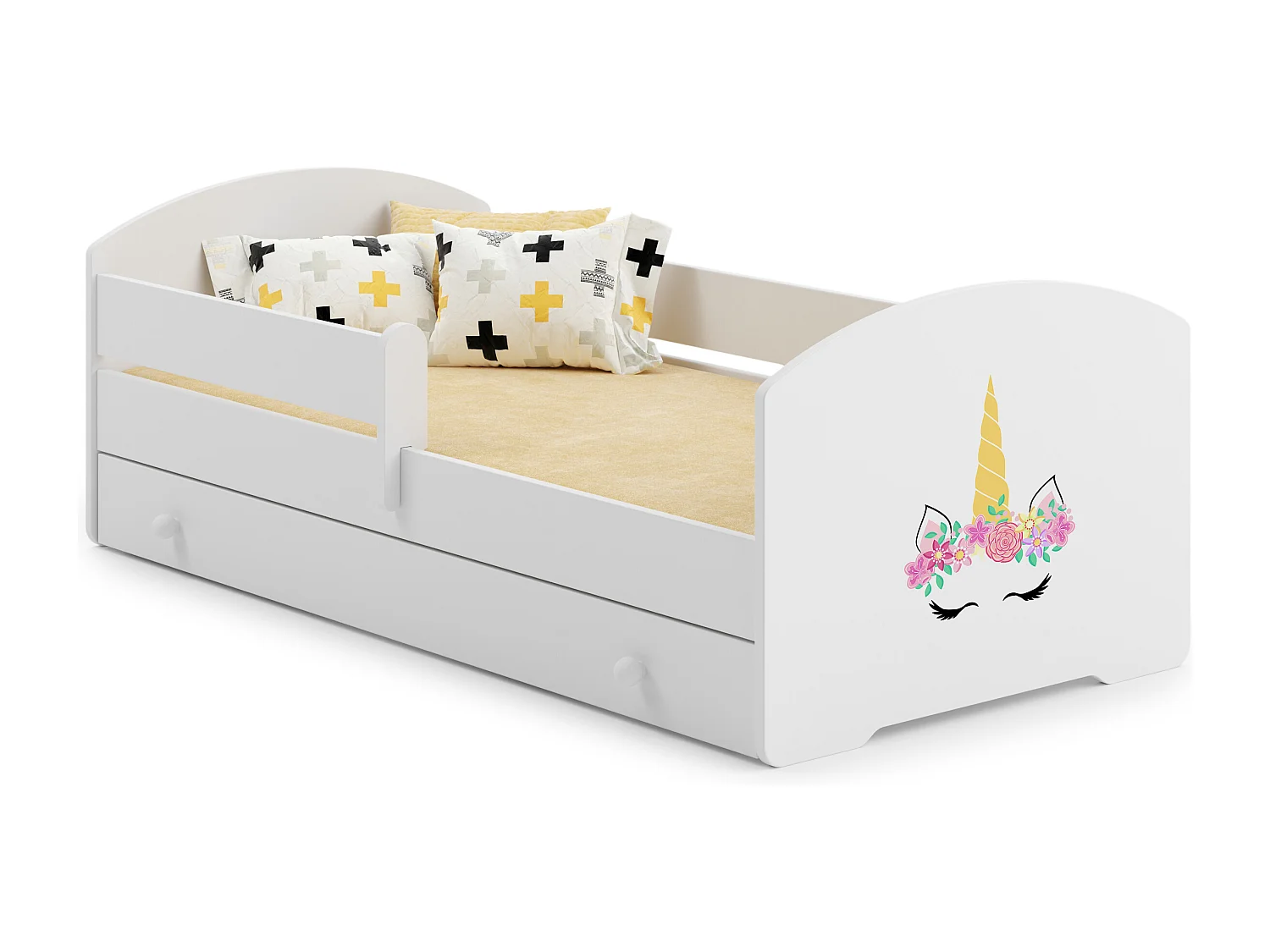 Luk - lit simple 140x70 avec des graphismes pour enfants, dans un ensemble avec un tiroir, une balustrade, un matelas et un cadre