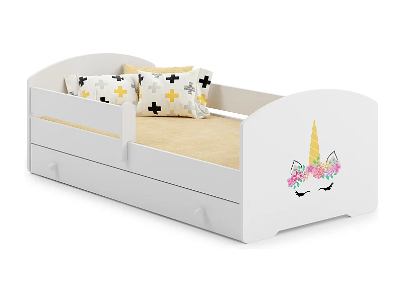 Luk - lit simple 140x70 avec des graphismes pour enfants, dans un ensemble avec un tiroir, une balustrade, un matelas et un cadre