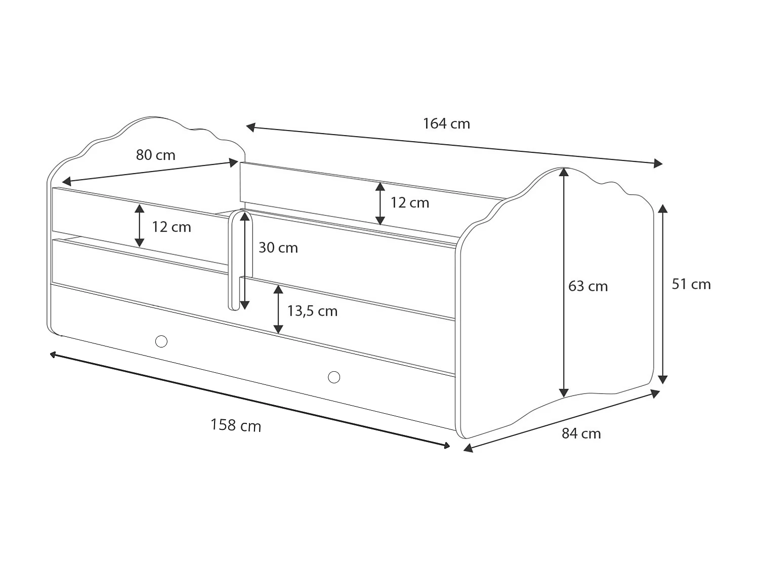 Cama infantil FALA 160x80 cm blanca con cajón, colchón, barrera de seguridad y somier de lamas