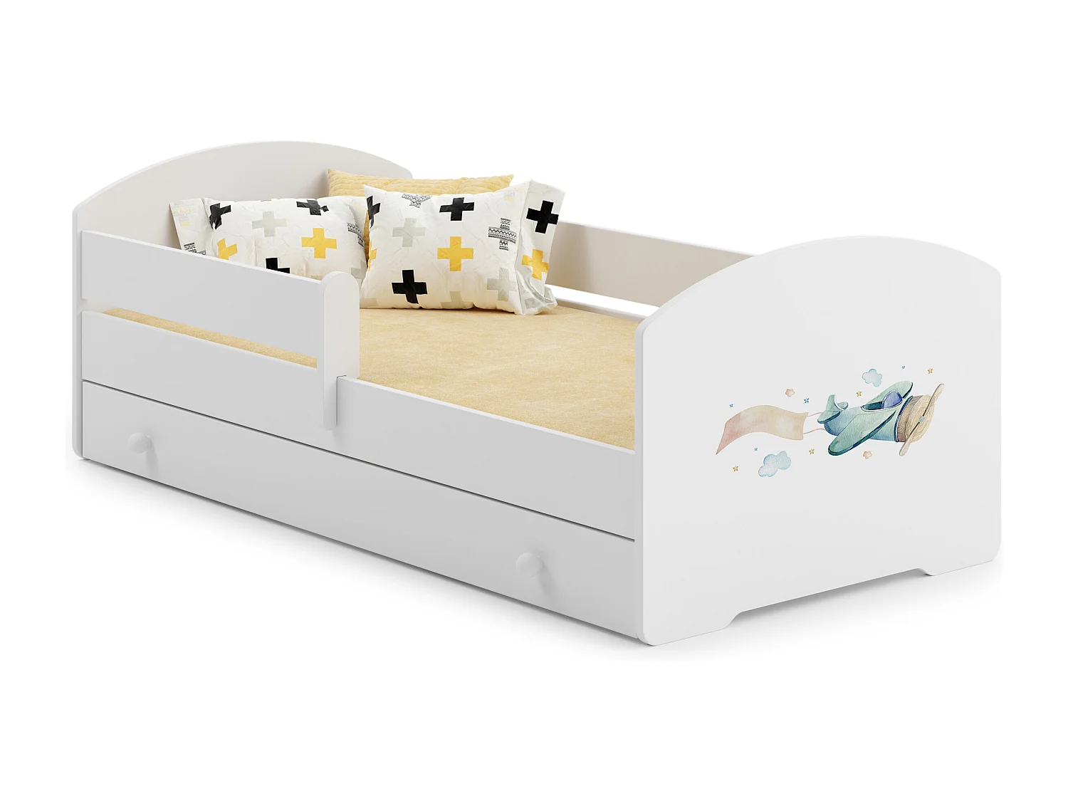 Luk - lit simple 140x70 avec des graphismes pour enfants, dans un ensemble avec un tiroir, une balustrade, un matelas et un cadre