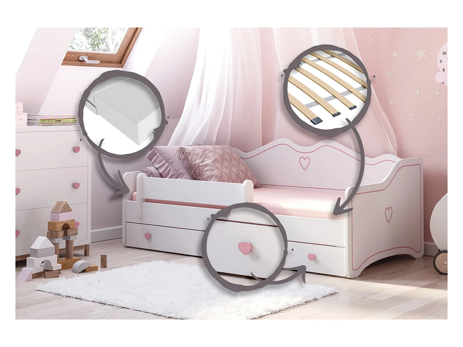 Emma - lit simple 160x80 dans un ensemble avec un tiroir, une balustrade, un matelas et un cadre